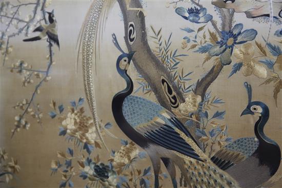 A good Chinese Canton embroidered silk bird panel, late 19th century, 113cm x 74cm, in a gilt faux bamboo frame, discoloured